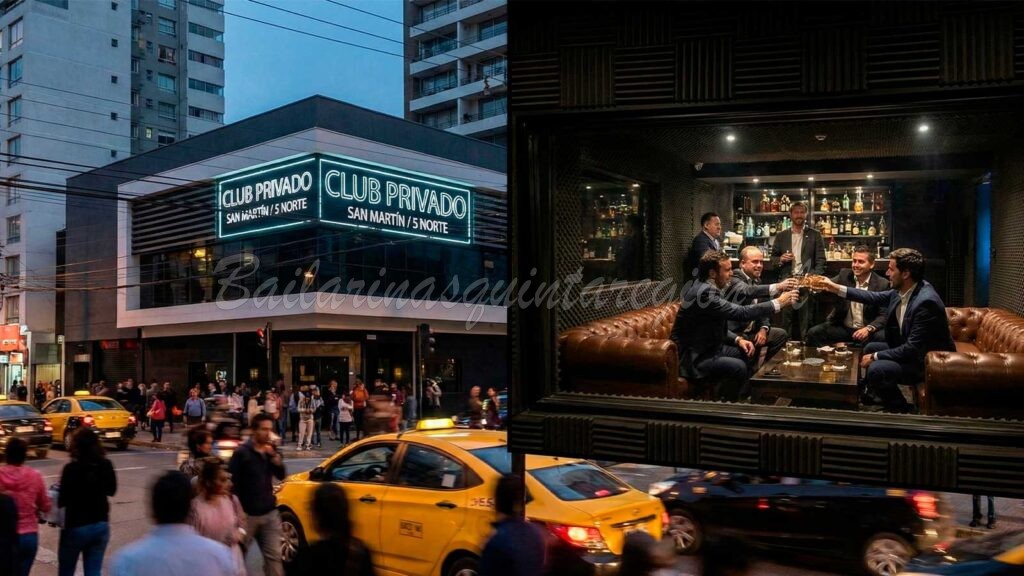 Exterior nocturno del Club Privado en esquina San Martín con 5 Norte, Viña del Mar, e interior de un grupo celebrando una despedida de soltero en salón exclusivo.