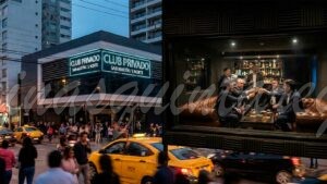 Exterior nocturno del Club Privado en esquina San Martín con 5 Norte, Viña del Mar, e interior de un grupo celebrando una despedida de soltero en salón exclusivo.