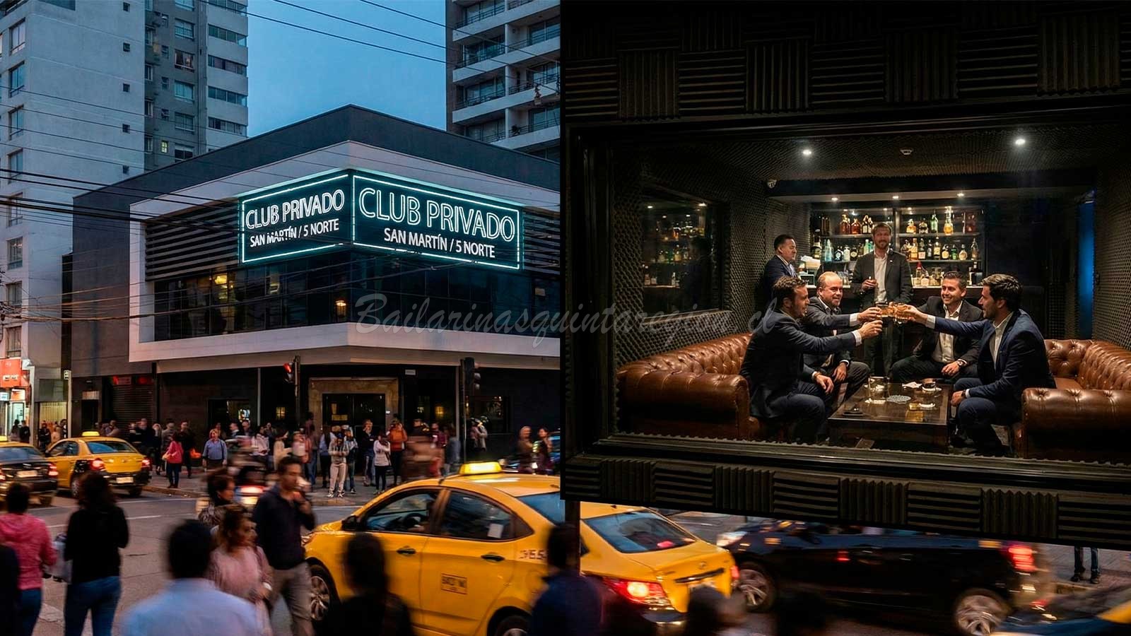 Exterior nocturno del Club Privado en esquina San Martín con 5 Norte, Viña del Mar, e interior de un grupo celebrando una despedida de soltero en salón exclusivo.