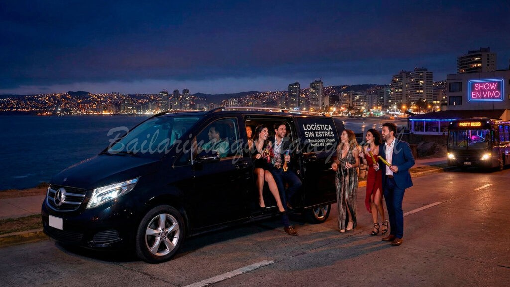 Grupo celebrando junto a van de traslados nocturnos en Viña del Mar con texto "Logística Sin Estrés hasta las 5 AM